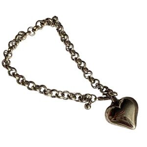 Silver Heart Puffy Charm Bracelet Rollo Chain EUC